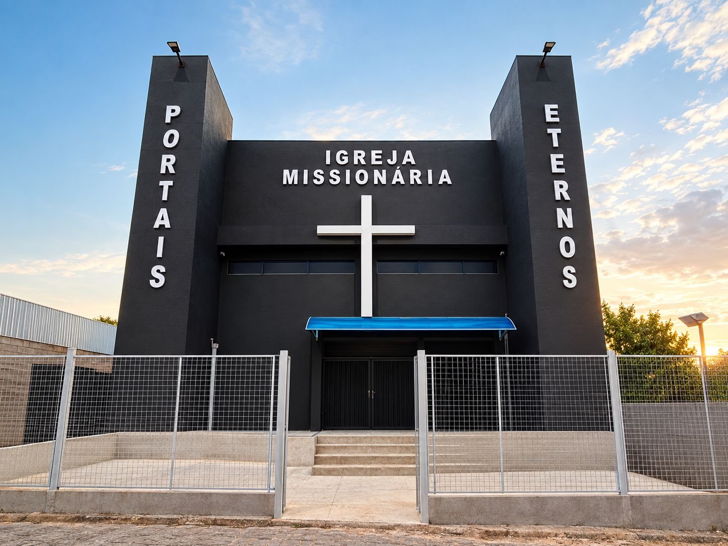 Fachada do templo da Igreja Missionária Portais Eternos ao entardecer